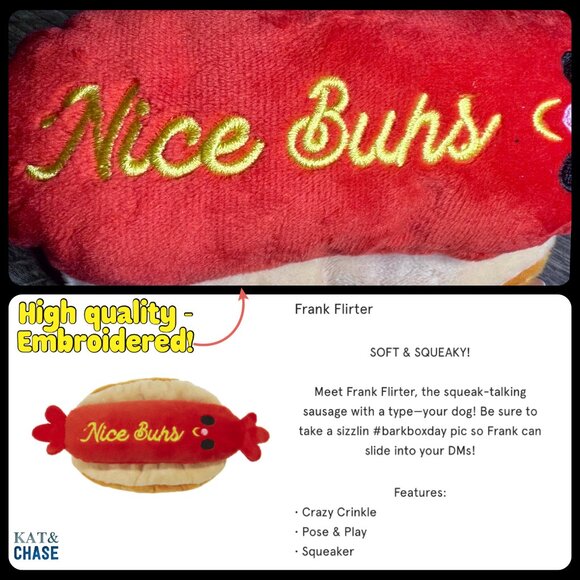 NWT Bark Box Frank Flirter L Dog Toy Large Barkyard BBQ Crinkle Squeak Hot Dog - Picture 3 of 11